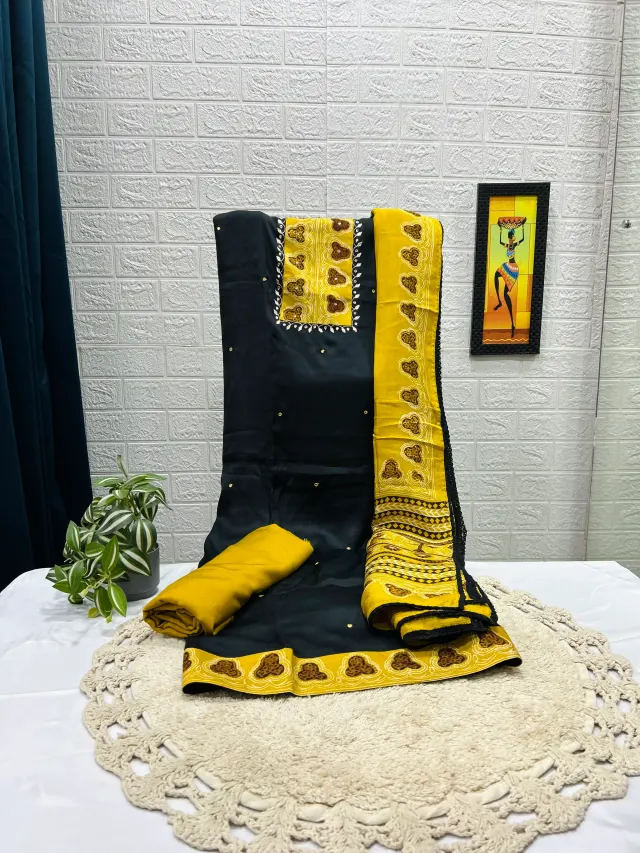 Black & Mustard Yellow Ajrakh-Inspired Mirror Work Chudidhar Material