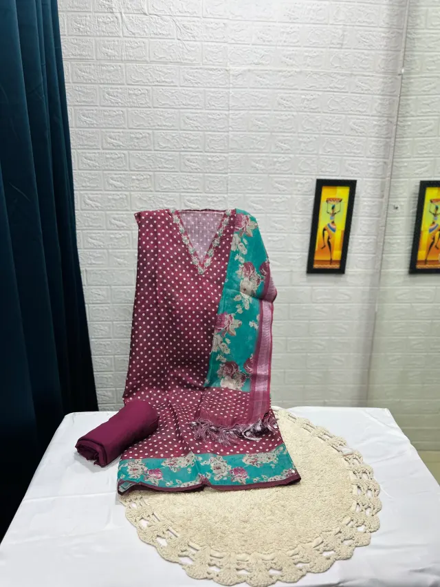 Wine Magenta Polka Dot & Teal Floral Chudidhar Material