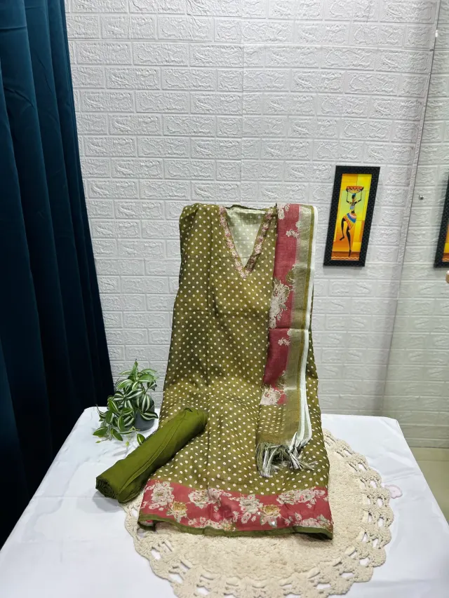 Olive Green Polka Dot & Rose Pink Floral Chudidhar Material