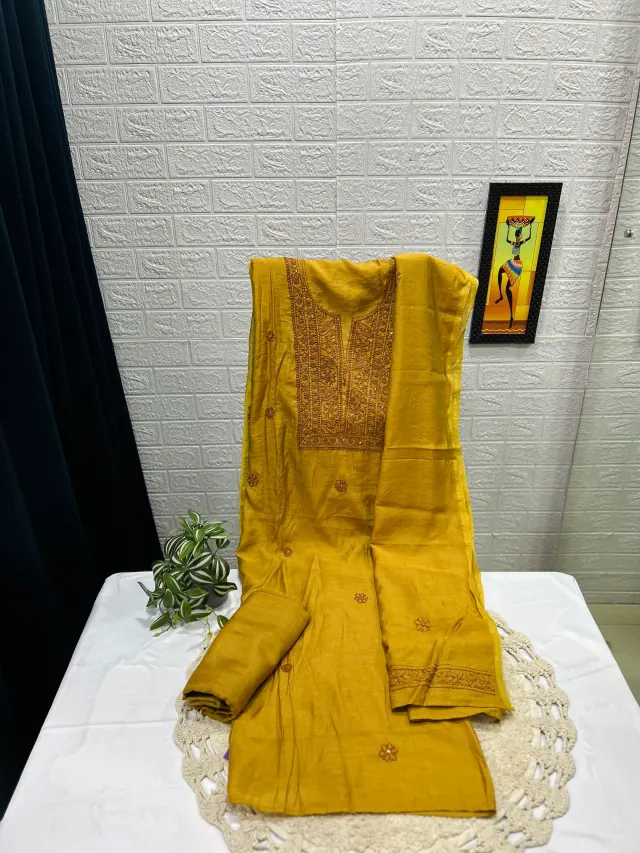 Mustard Yellow Chikankari-Style Embroidered Chudidhar Material