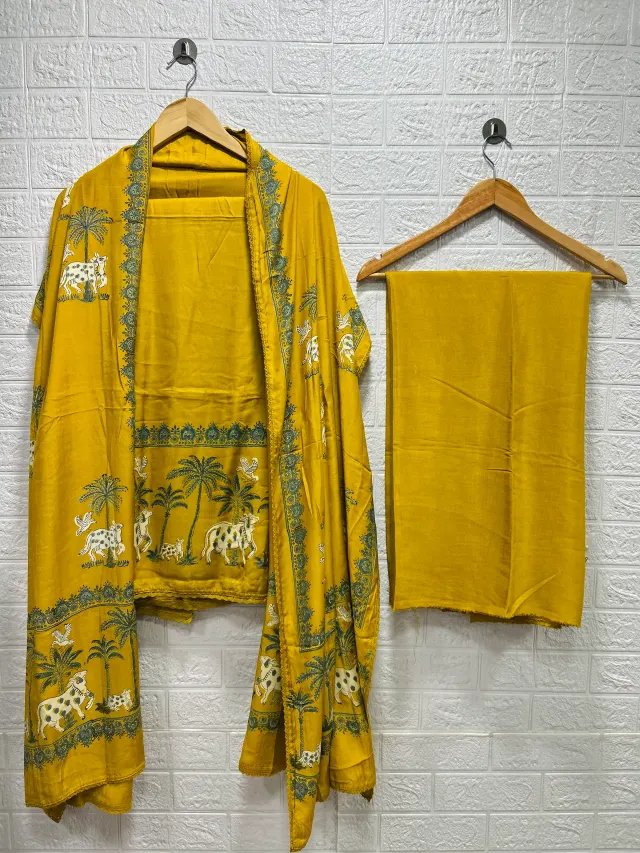 Mustard Yellow Palm & Cow Folk Print Chudidhar Material