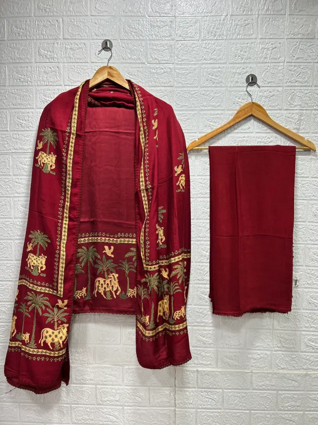 Maroon Palm & Cow Folk Print Chudidhar Material