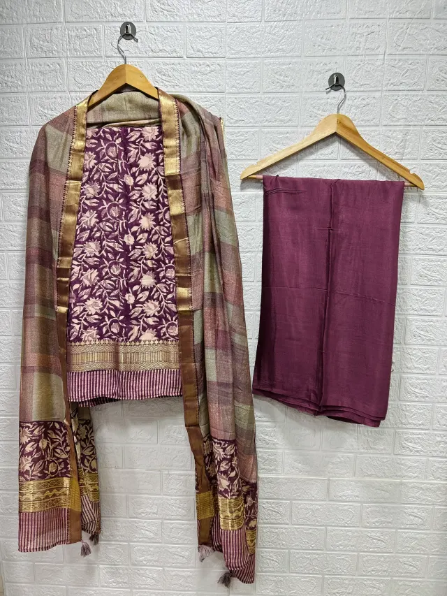 Plum Wine Floral Block Print Chudidhar Material with Zari Dupatta